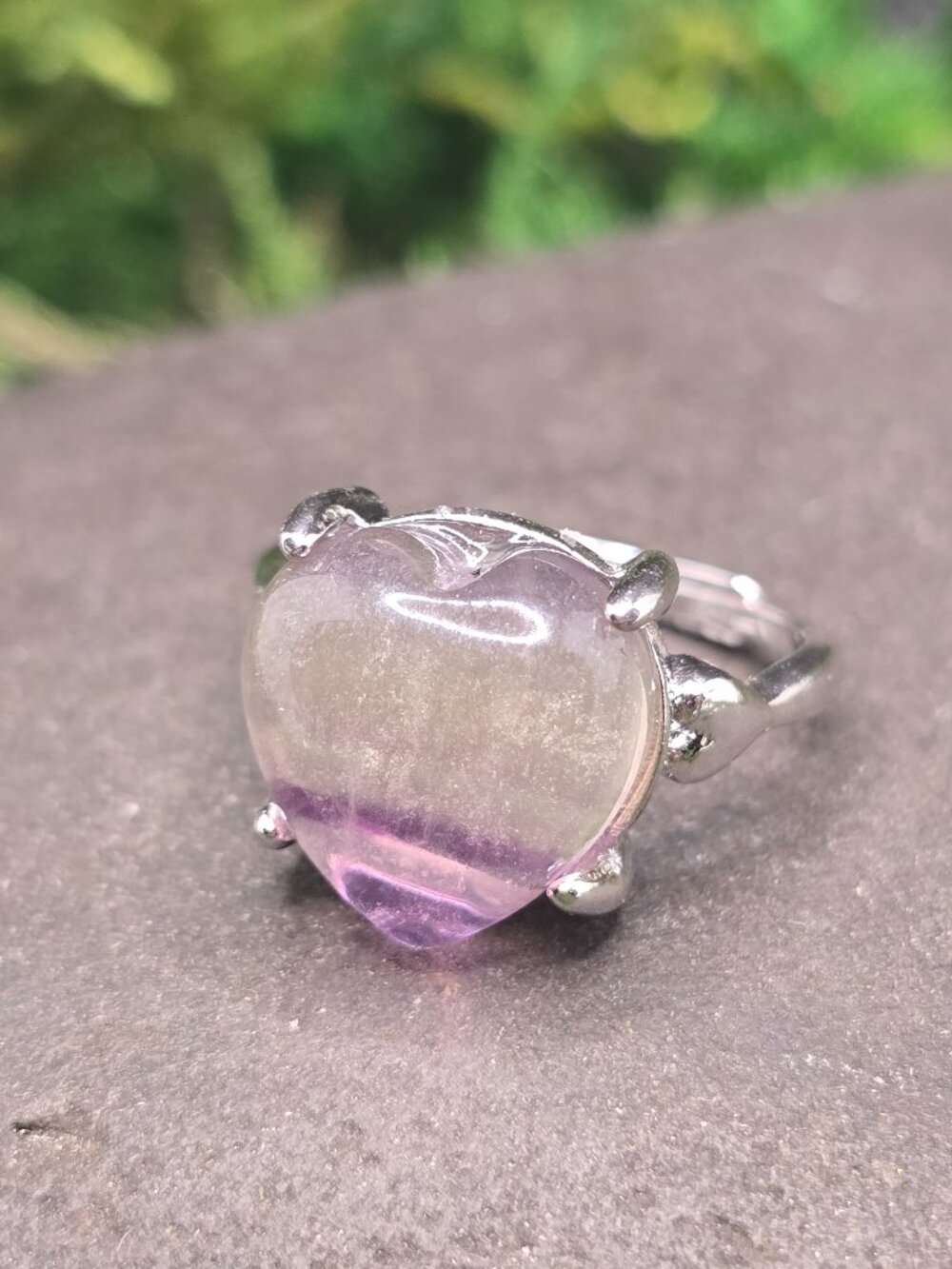 Purple Fluorite Heart Adjustable Ring Size 6-10 Silver Tone Crystal Jewelry
